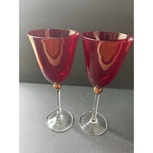 Gorham Touch Of Gold Glass Goblets Berry Red Clear Stem Set (2) Modernist MCM 9”